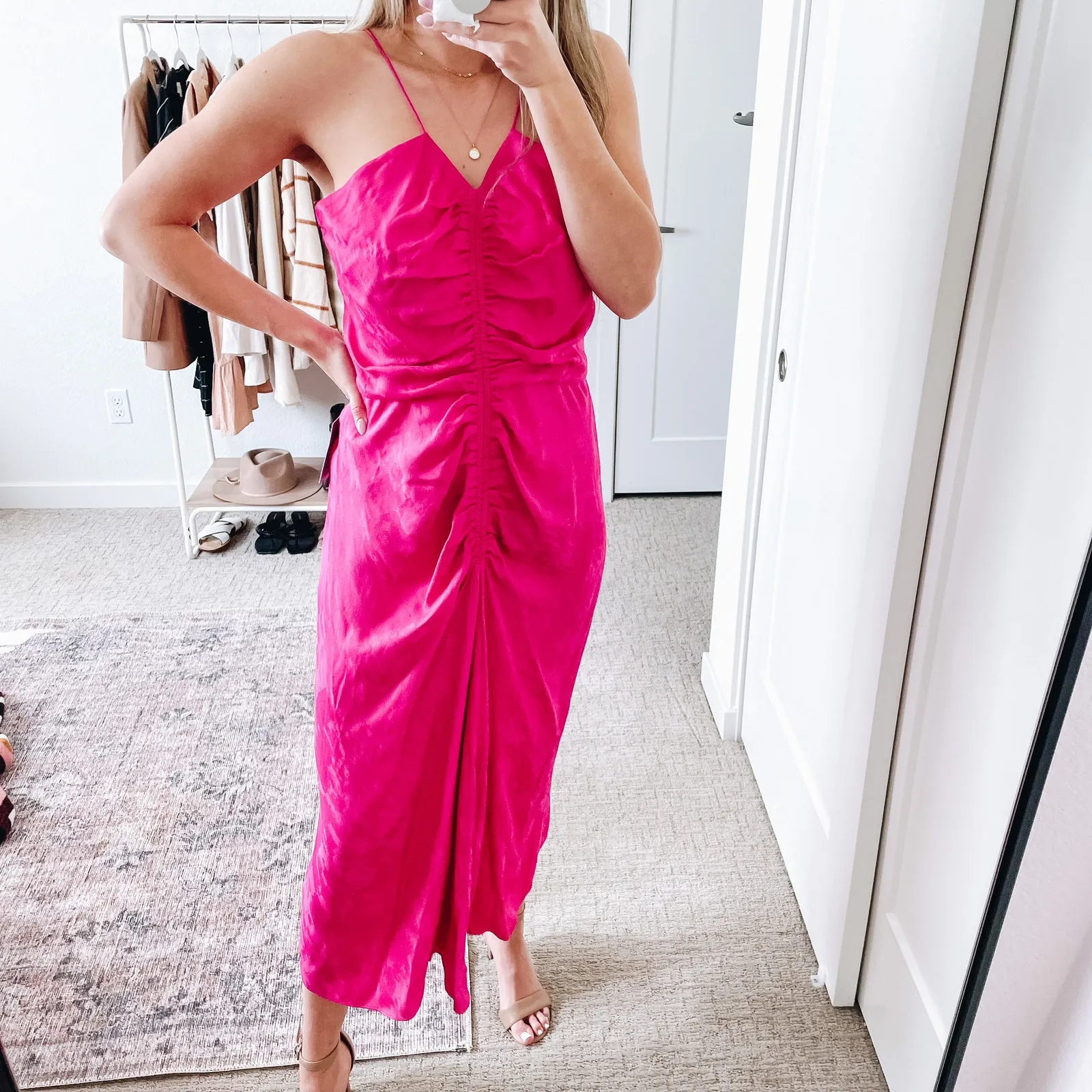 REBECCA VALLANCE Bright Pink Satin Ruched Midi Dress Size 10 - Image 14