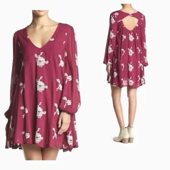 FREE PEOPLE Emma Embroidered Mini Swing Open Back Dress Boho in Magenta Size S - Image 2