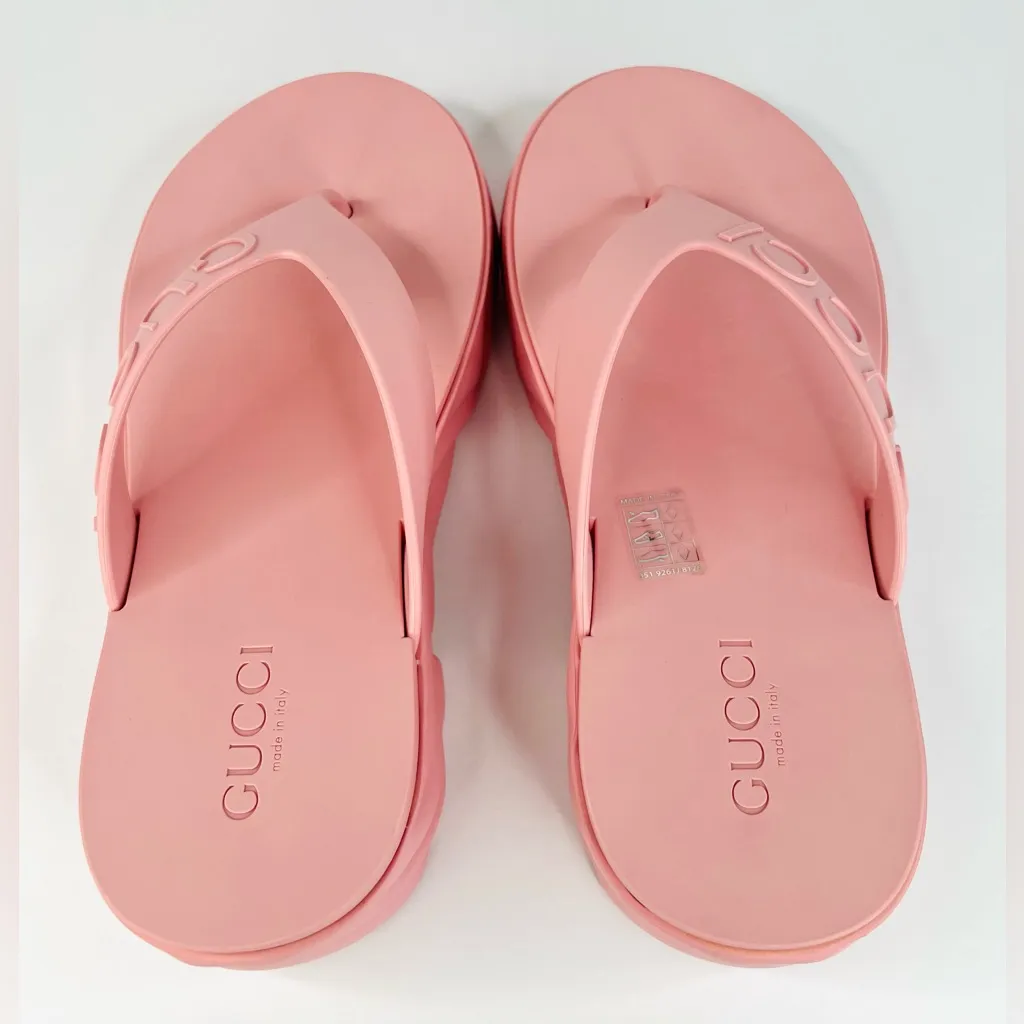 Gucci Platform Thong Pink Rubber Women Logo Chevron Comfort Sandals Size EU 39 - Image 9