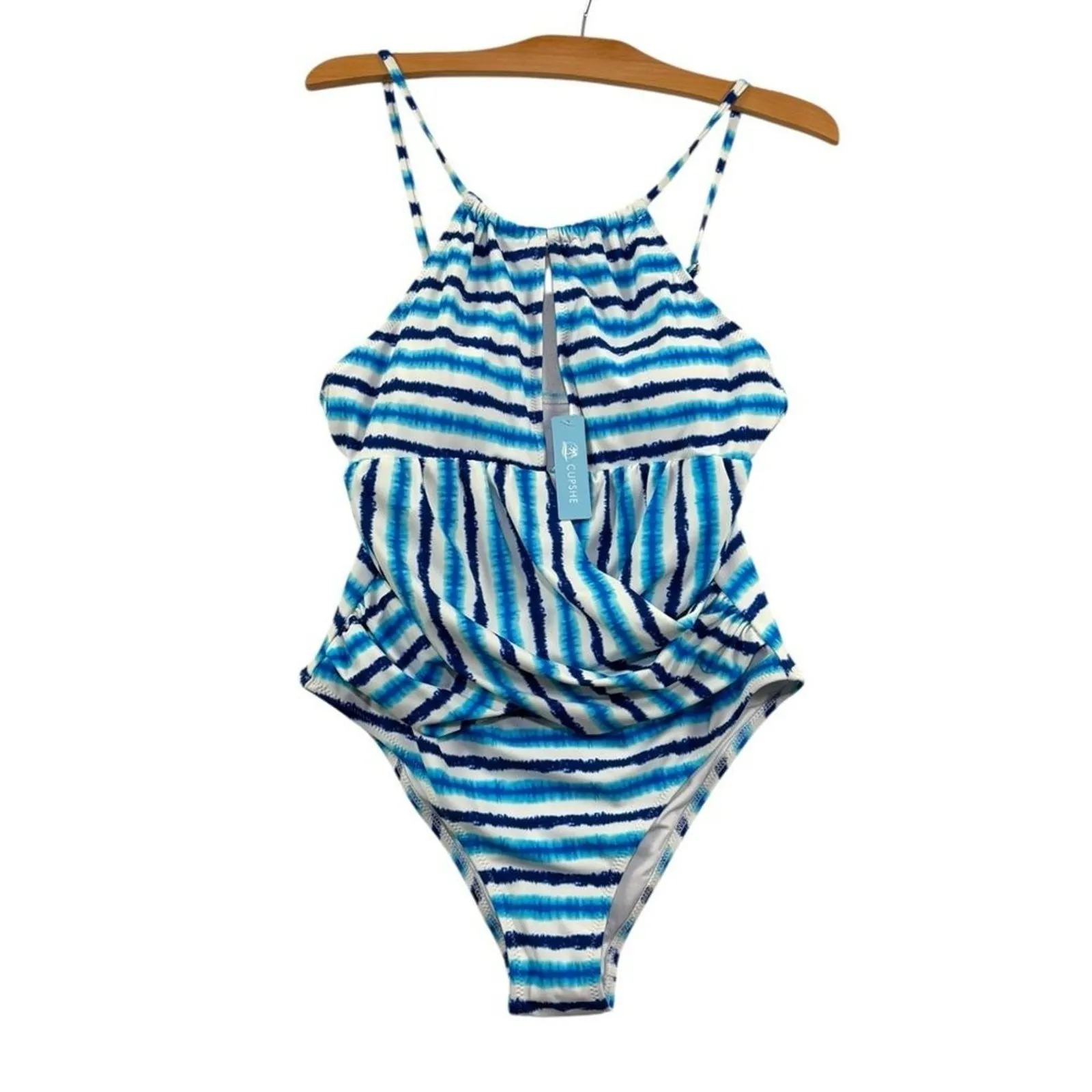 NWT Cupshe Blue Watercolor Stripe Tummy Control One Piece Swimsuit Sz L Beach - Image 2