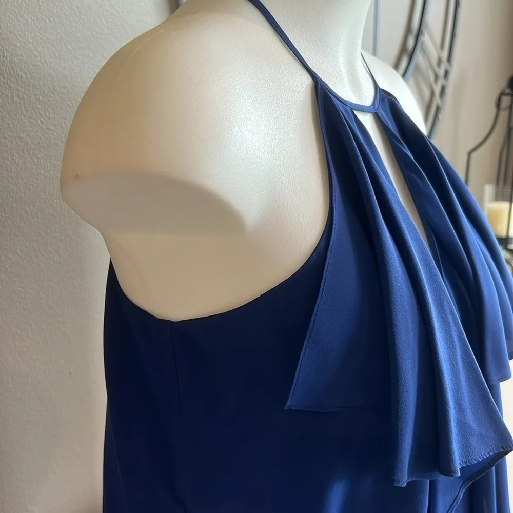 BCBGMAXAZRIA Claudia Blue 100% Silk Cascading Ruffle High Neck Halter Top Small - Image 5