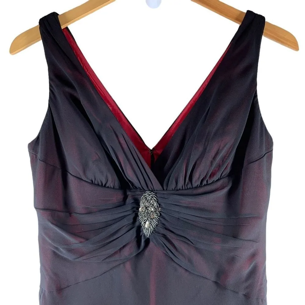 Jones Wear Black and Red Chiffon Gathered Beaded Evening Cocktail Dress Size 6 - Image 2