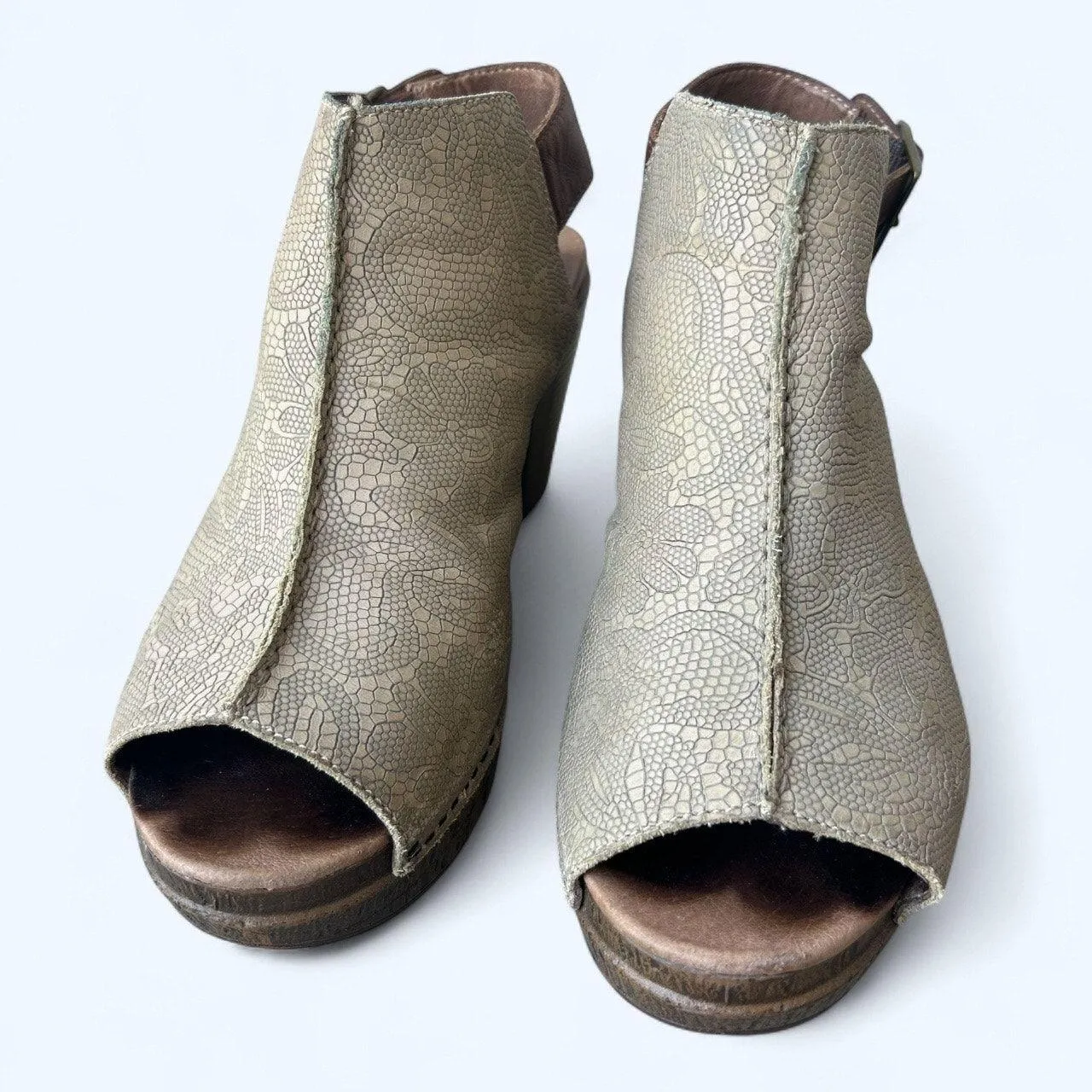 Dansko Reggie Peep Toe Heel Sling Back Tooled Leather Bootie Sandal Taupe sz 39 - Image 8