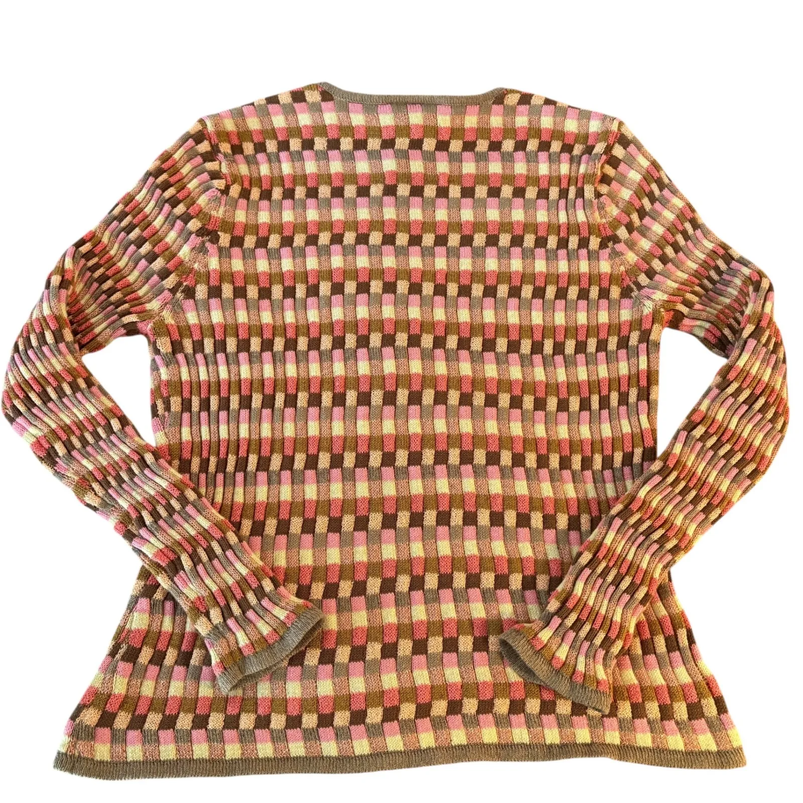 Talbots Knit Cardigan Sweater Pink Brown metallic Plaid Full Zip Long Sleeve M/L - Image 2