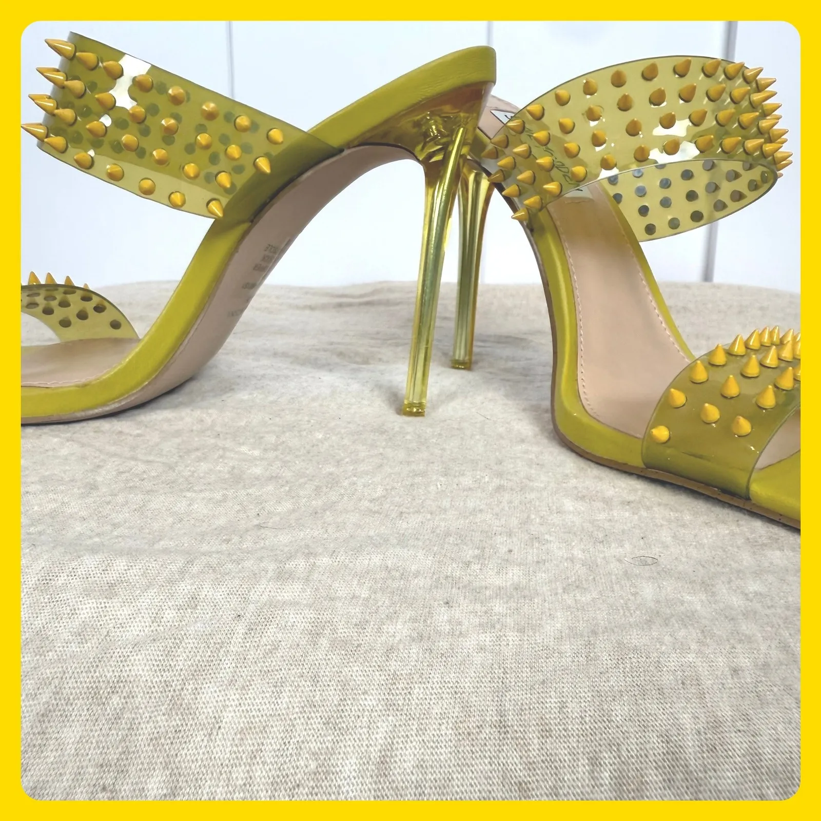 Steve Madden Lunna Yellow Green Spiked Studded Square Toe High Heel Mules 7M Y2k - Image 7