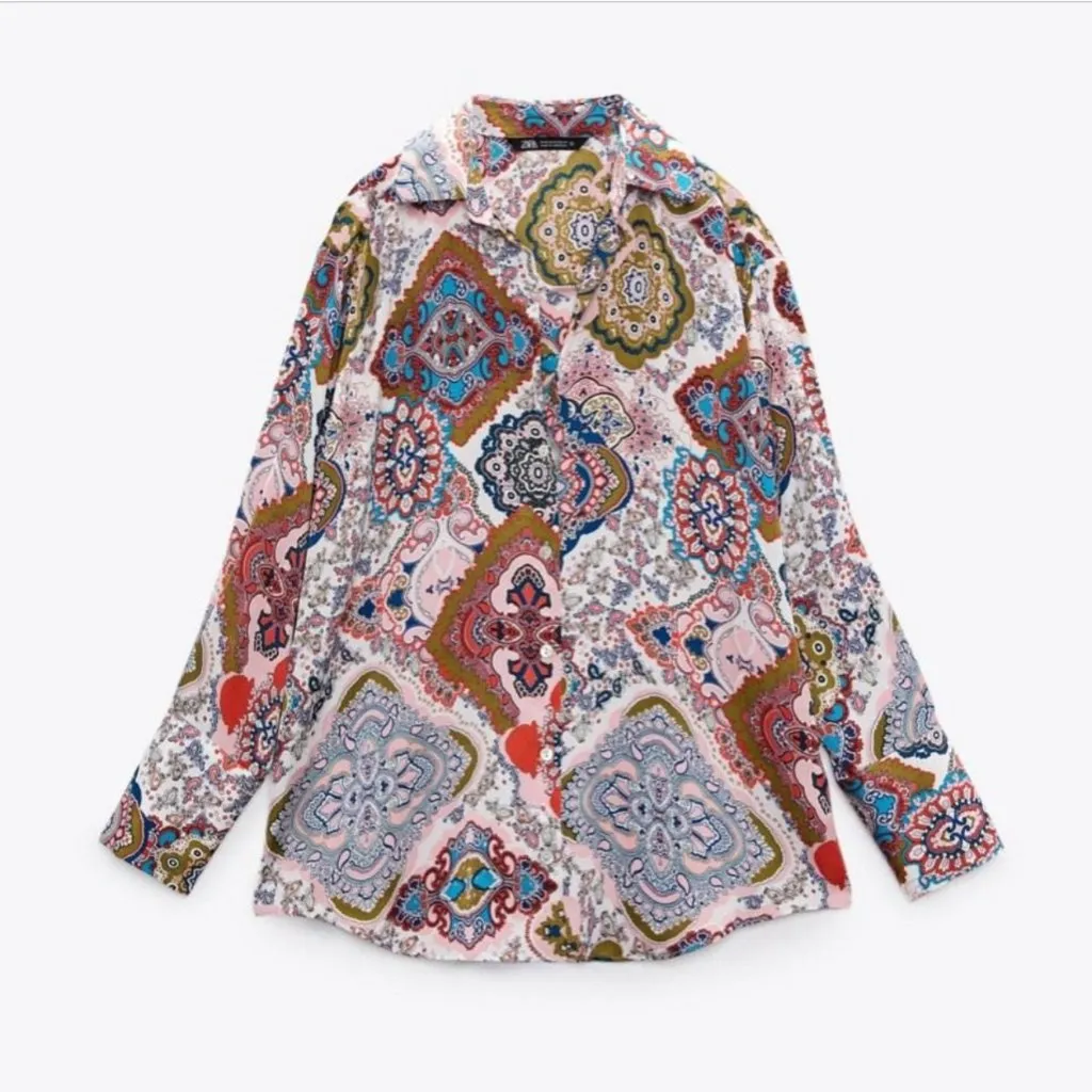 NEW Zara Patchwork Satin Silky Handkerchiefs Printed Top Blouse Bloggers Fave Red Size XXL - Image 3