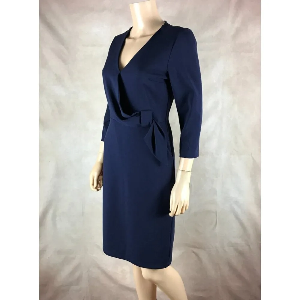 ESTELLE Indigo Structured Crepe Faux Wrap Sheath Dress SMALL - Image 7