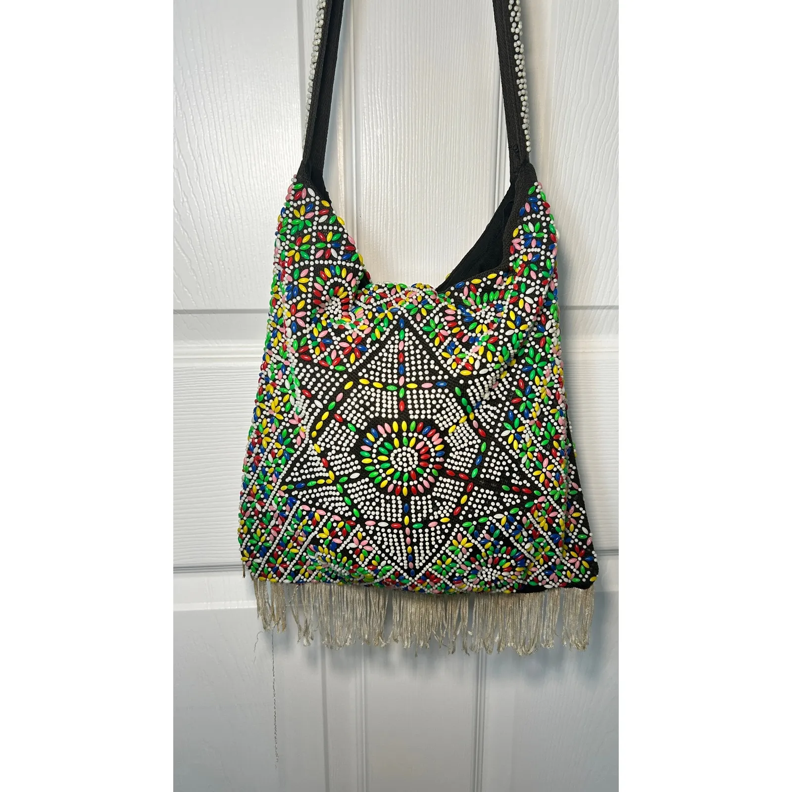 Vintage Boho Beaded Shoulder Bag Multi Color Flower 70's Fringe Festival Bag Black - Image 2