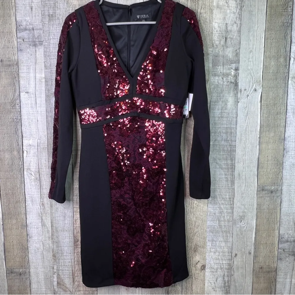 Guess Size 8 Black Mini Burgundy Body Con Sequin Cocktaill Dress Deep V-… - Image 2