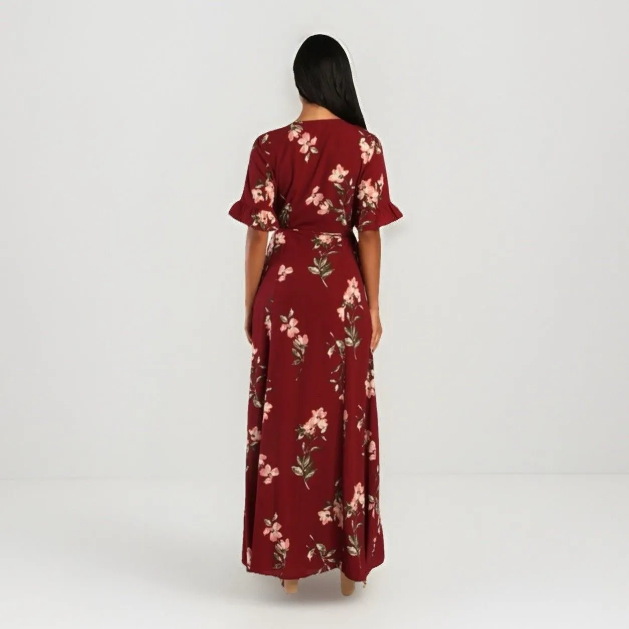 Lulus September Sunsets Burgundy Floral Print Wrap Maxi Dress Medium Event Red Size XL - Image 2