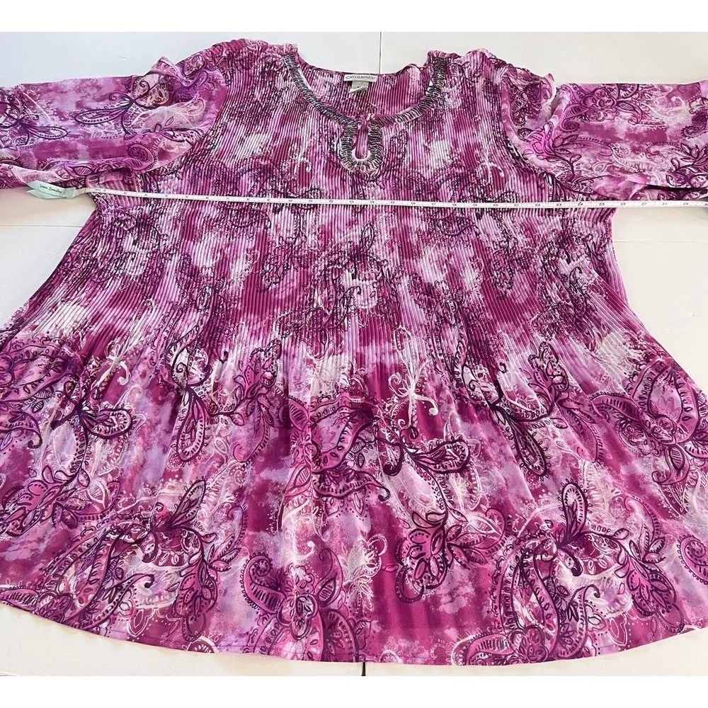 Catherines Pink Crinkle Pleated‎ Beaded Keyhole Neck Georgette Tunic Size 4X - Image 8