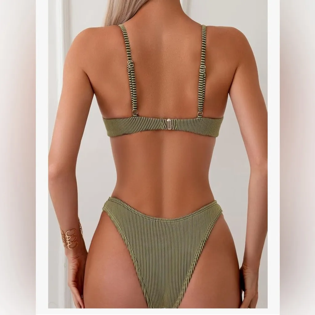 NEW 2 Pc Green Ribbed Underwire Thong Triangle Bikini Bathing Swimsuit M 8/10 Size M - Image 2