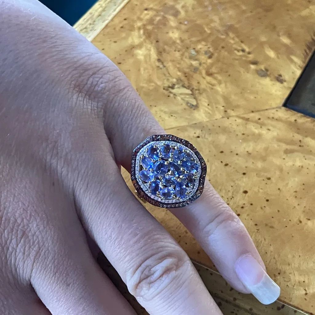 Natural Tanzanite Sterling Silver Cocktail Ring Size 5 Gold - Image 4