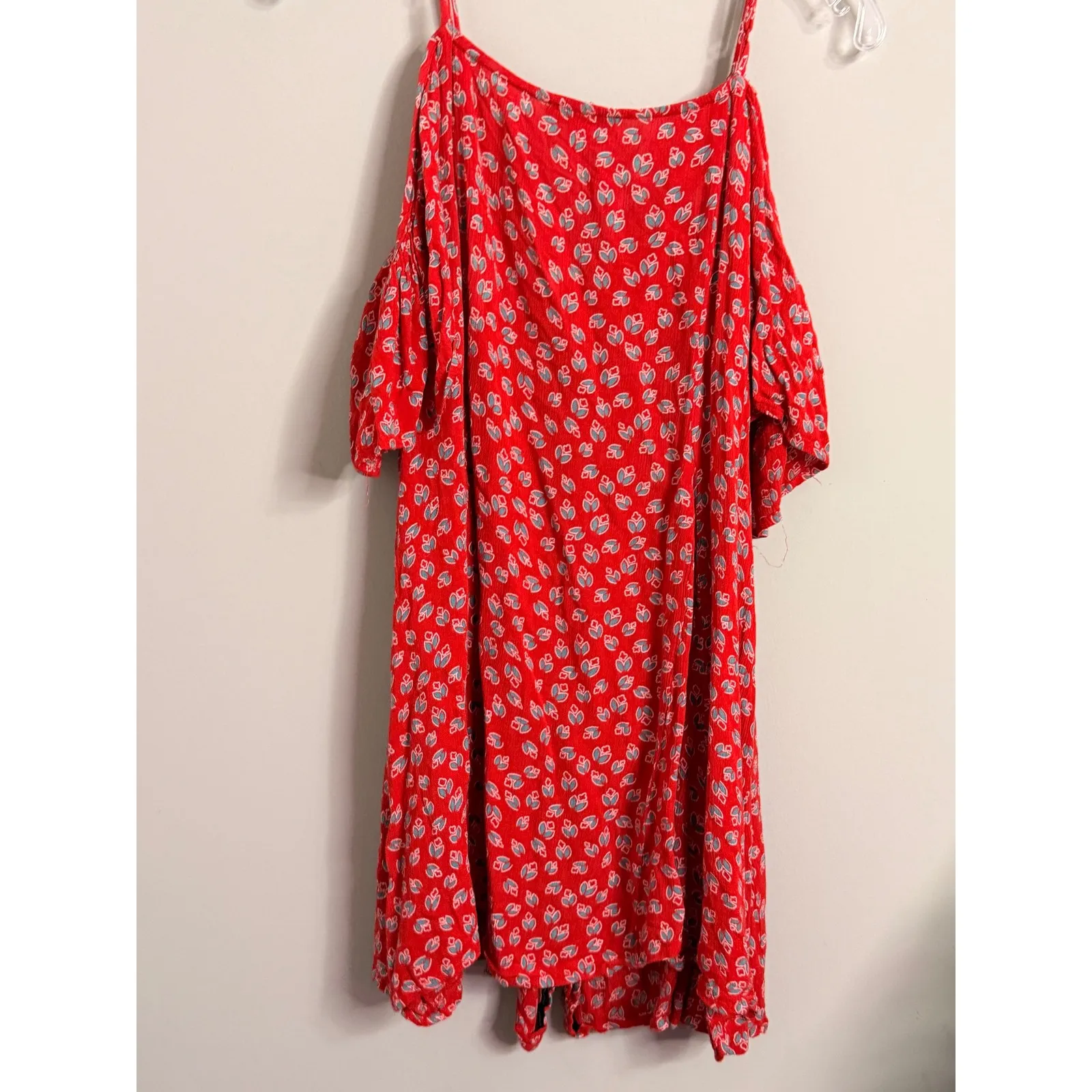 Patrons of Peace Red Cold Shoulder Mini Dress Button Front Smocked Boho M - Image 4