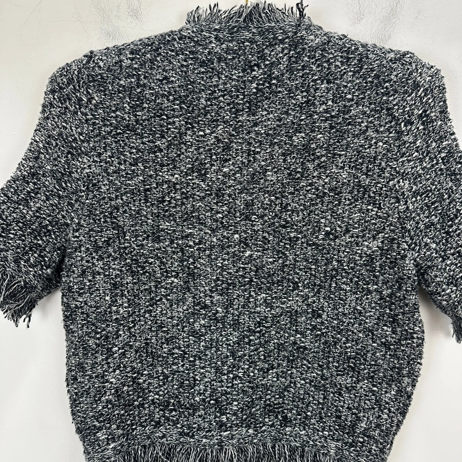 J.Crew Cropped Fringe Trim Lady Jacket Marled Yarn Gray Black Retro Preppy XS - Image 6