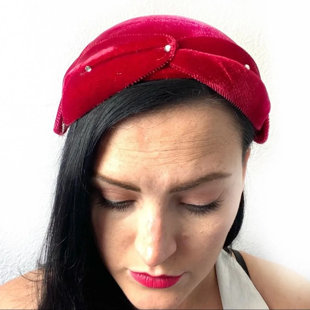 Vintage Red Rhinestone Toque Turban Capulet Hat - Image 2