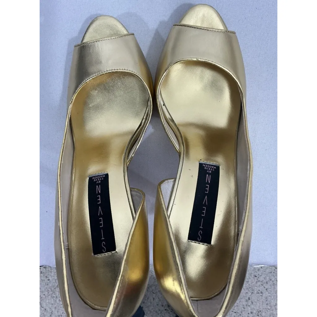 Womans Steven By Steve Madden Lollyy 9m Gold Leather Peep Toe Cut Out Heel Pumps - Image 6