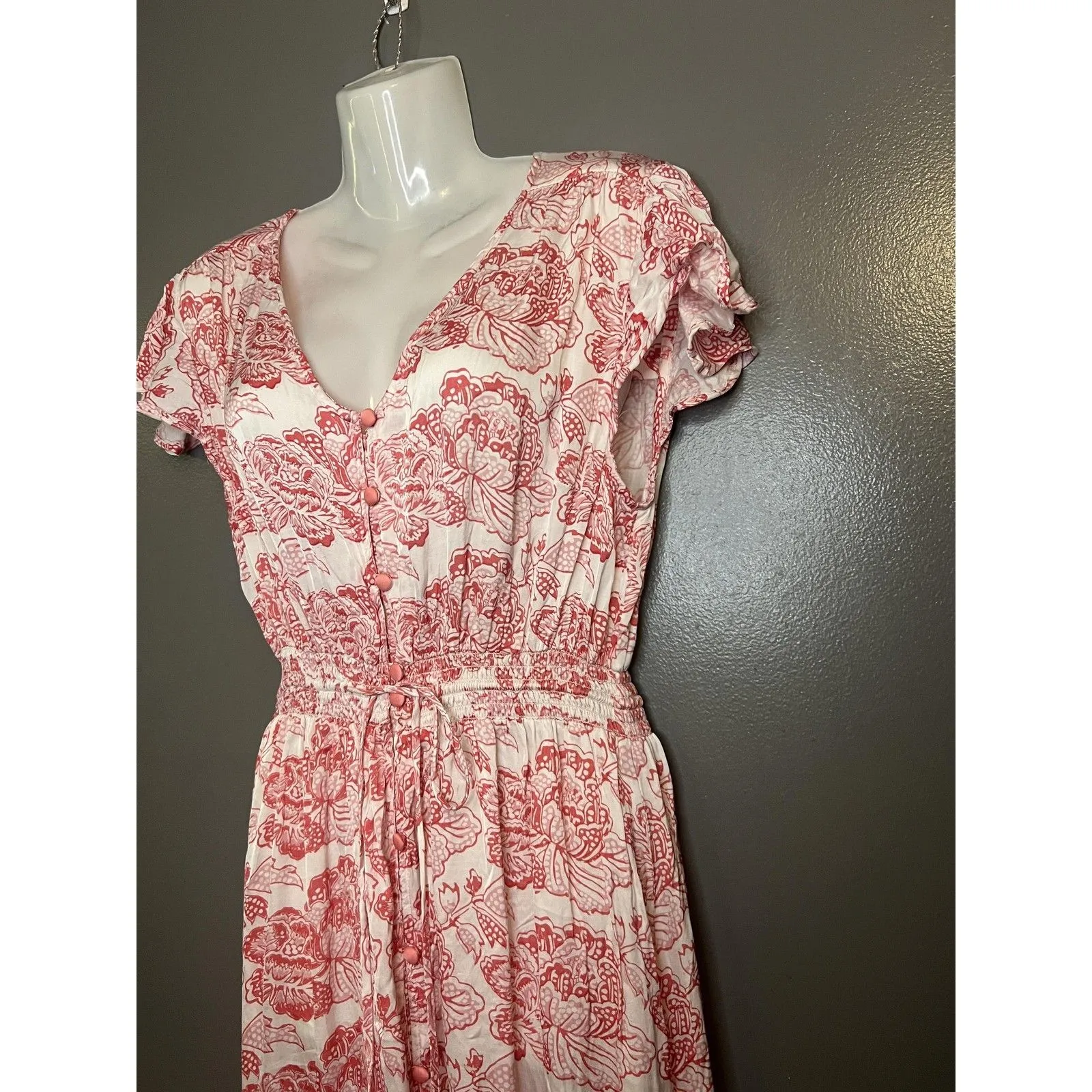 Alamwar Dress Womens Large White Red Floral V Neck Maxi Boho Tassel Tiered - Image 6