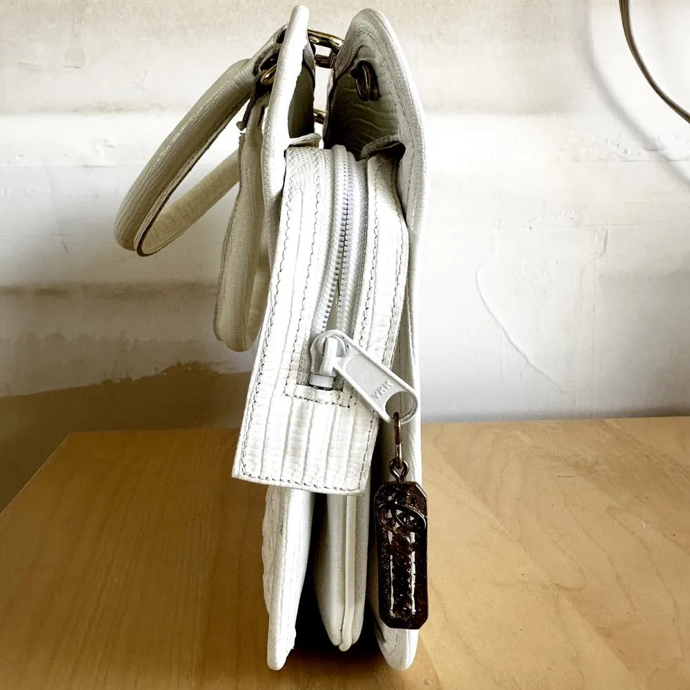 VTG Caprice Patchwork Handbag Snakeskin Leather Retro Ostrich Embossed White - Image 4