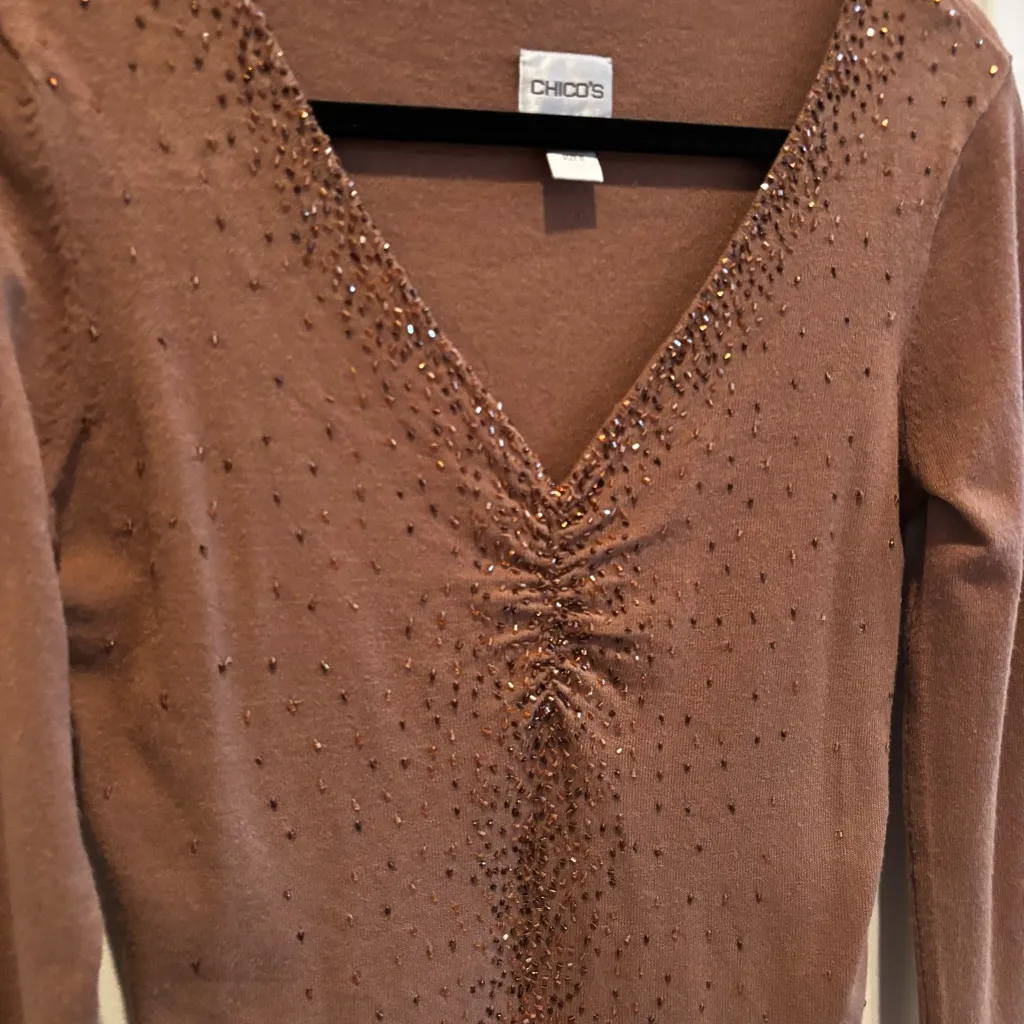 Chico's V-neck Women's Sweater Taupe Brown Shimmer Beaded Long Sleeve Size 0 - Image 4