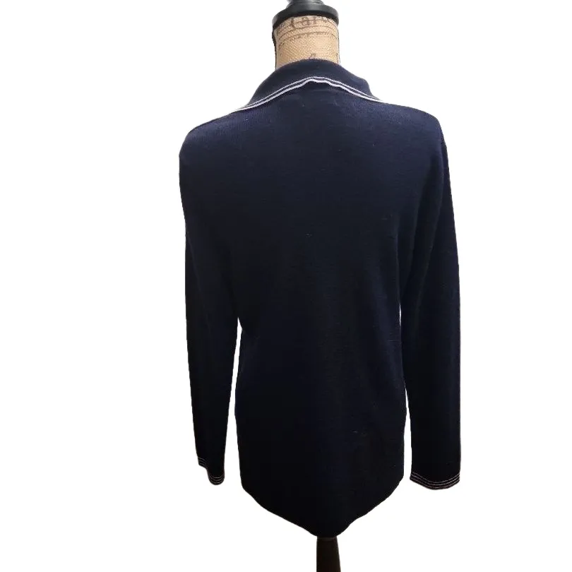 Liz Claiborne Womens Polo Sweater XL Navy‎ White Striped Ribbed Preppy - Image 2