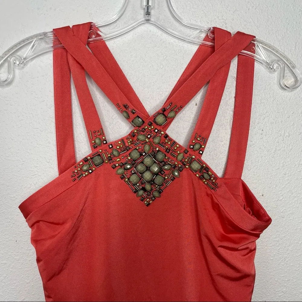 Cache Coral Orange Silky Top with Stone Embellishments size S - Image 3