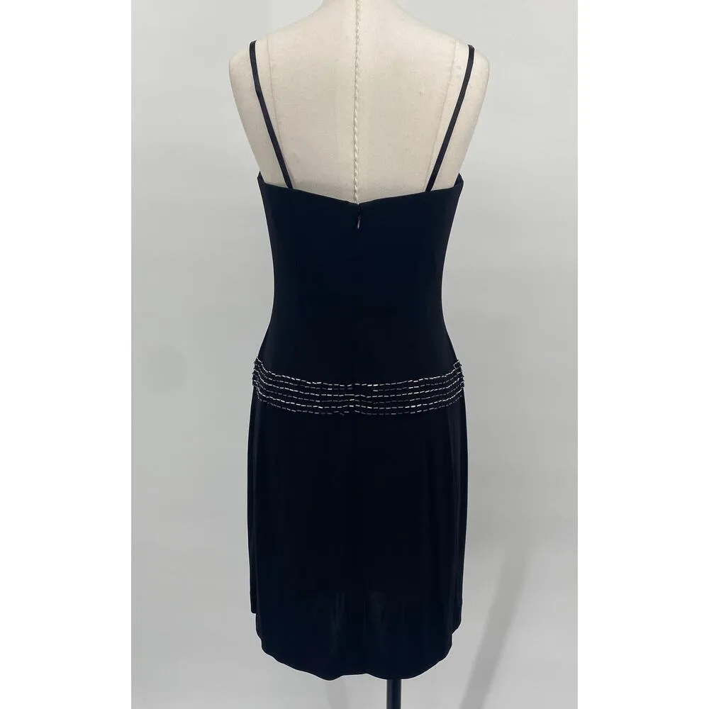 Vintage 90s Papell Boutique Mini Cocktail Dress Beaded Drop Waist Black Silver 6 - Image 5