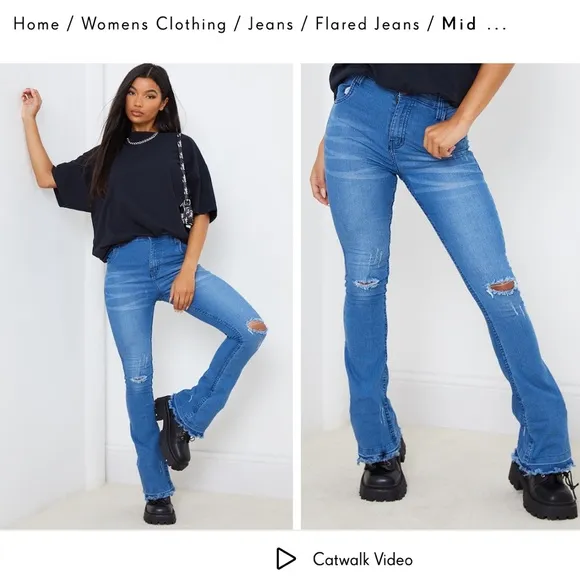 Prettylittlething plt Mid Blue Ripped Knee Flare Jeans size 12 - Image 2