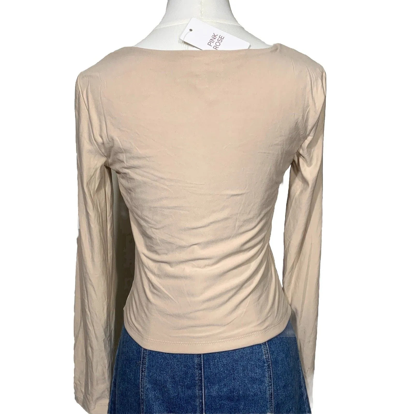 Pink Rose Beige Square Neck Long Sleeve Top Size M New Stretch Shirt - Image 3
