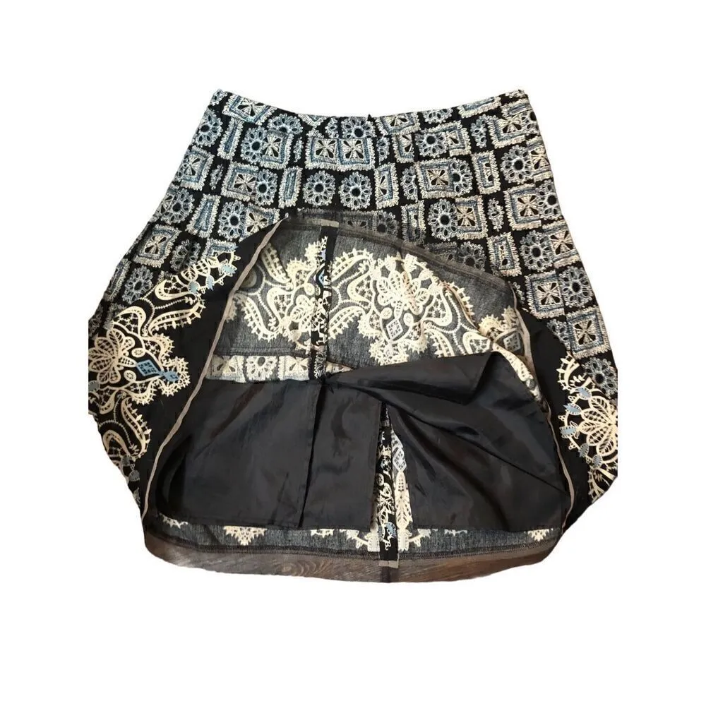 Loft black, white and blue fully lined wool blend boho print knee length skirt s - Image 6