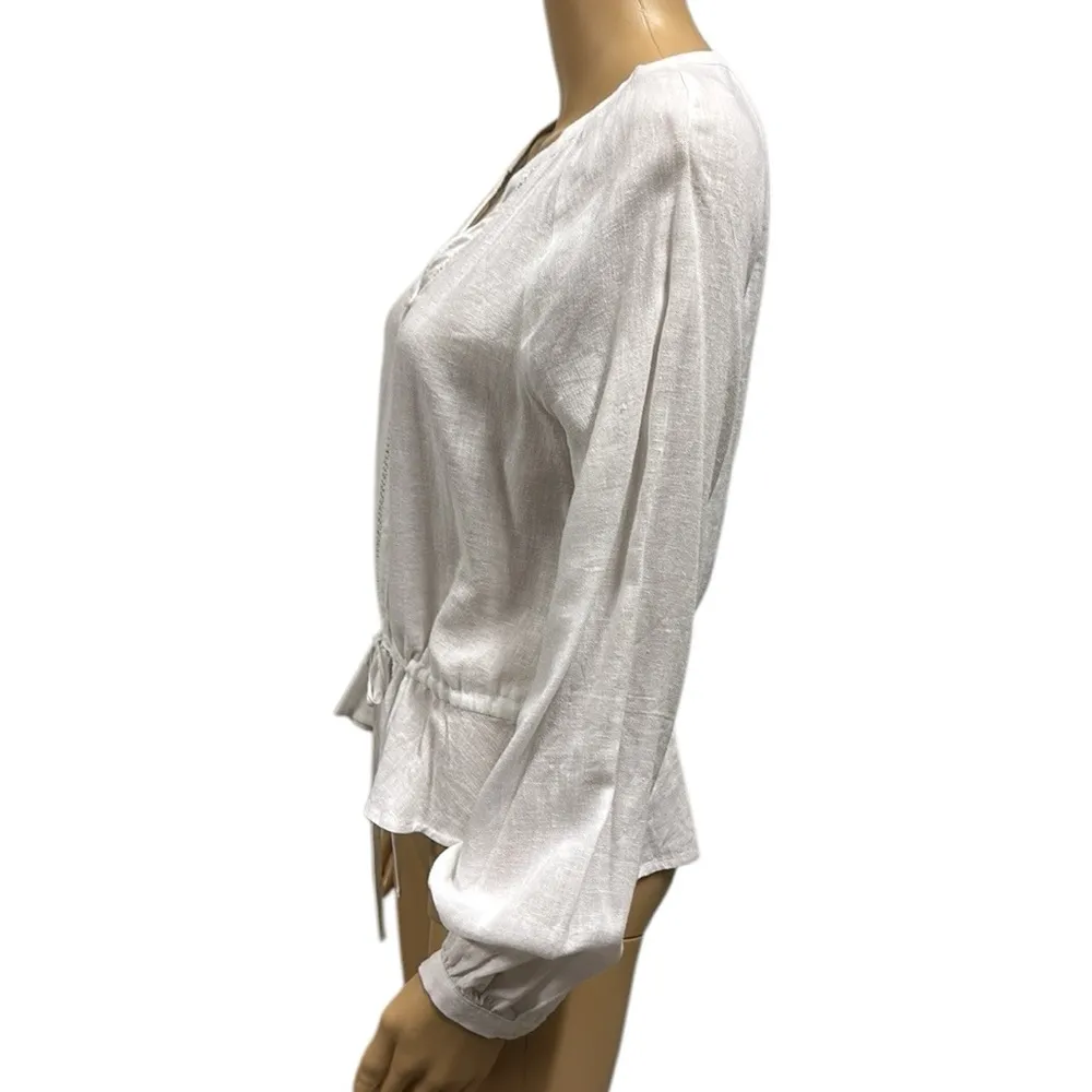 Linen a.n.a Button Down White V Neck Crochet Accent Tie Waist Blouse Womens XS - Image 3