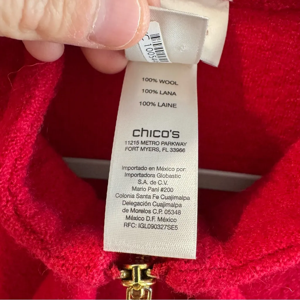 Chico’s 100% Boiled Wool Red Ruffle Front Zip Front Belted Jacket Size 2 Large - Image 4