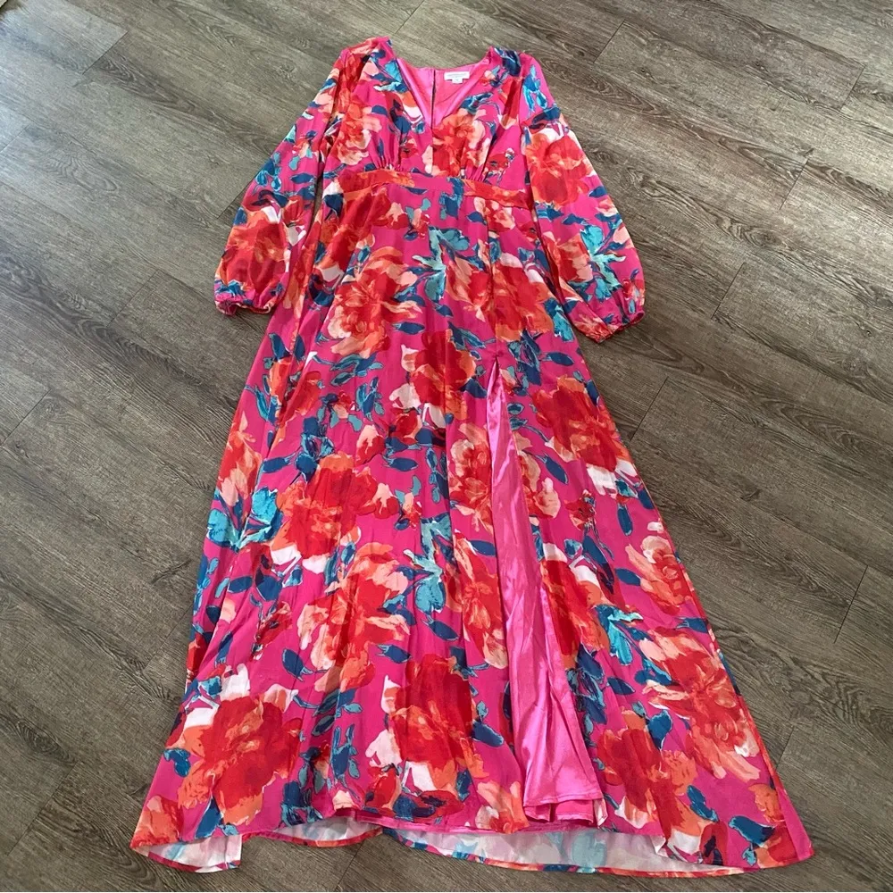 Chicsoul Way Too Complicated Maxi Dress 1X Fuchsia Floral Deep V Neck Side Slit - Image 2