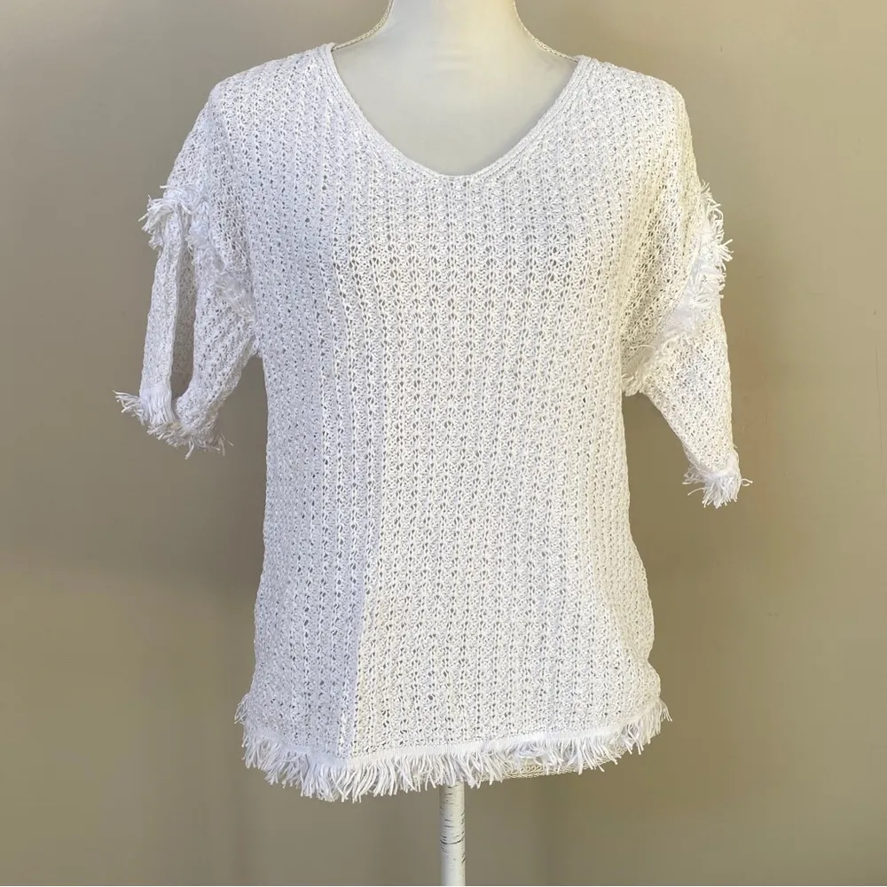 Lou & Grey open knit fringe hem sleeve short sleeve top Sz Small - Image 8