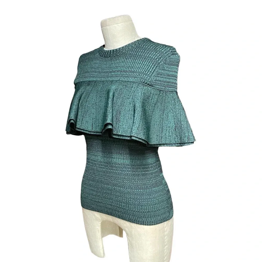 Apiece Apart Sweater‎ Top Ruffle Ribbed Knit Marled Green Black Size Small - Image 6