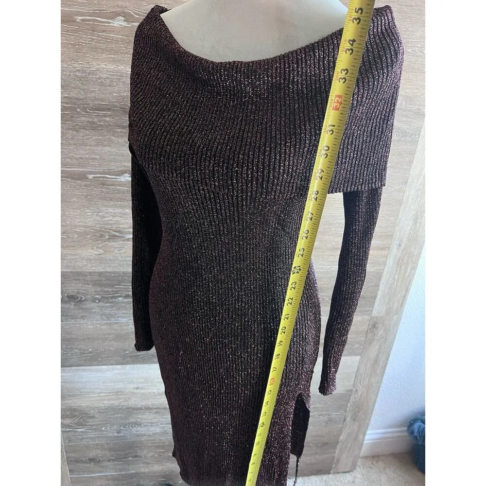 BCBG MAX AZRIA LAURIE OFF THE SHOULDER SWEATER DRESS LARGE METALLIC BURGUNDY - Image 8