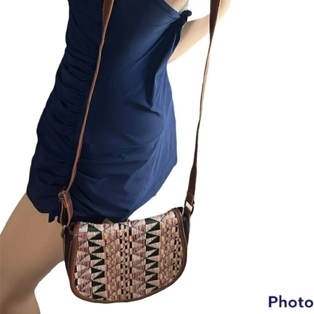 MOSSIMO Straw Black Canvas Faux Leather Small Crossbody Bag Black Pink C… - Image 4