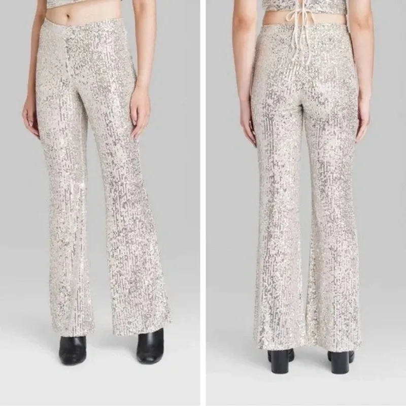 Wild Fable Mid Rise Wide Leg Silver Sequin Flare Pants Small Holiday NYE Glam - Image 3