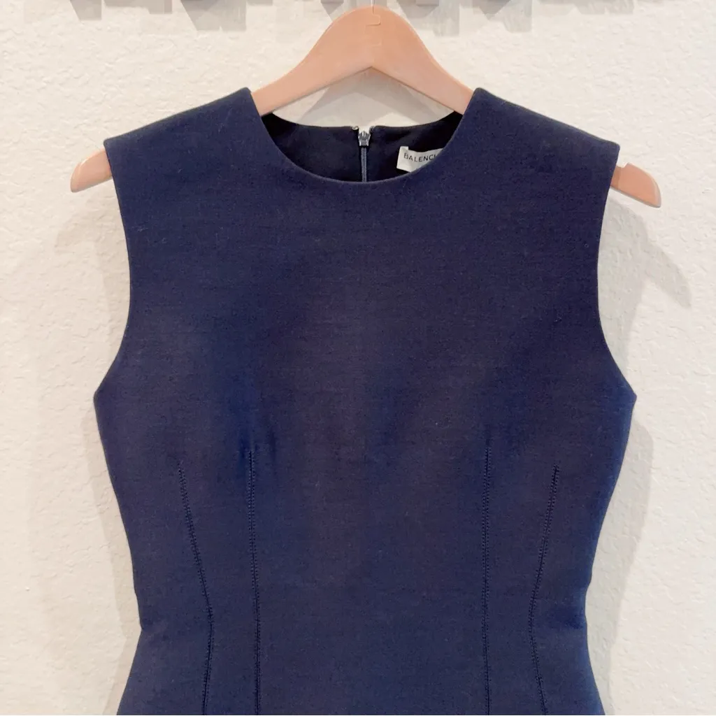 Balenciaga Navy with Ultraviolet Virgin Wool Blend Sleeveless Midi Dress US6 NWT - Image 3