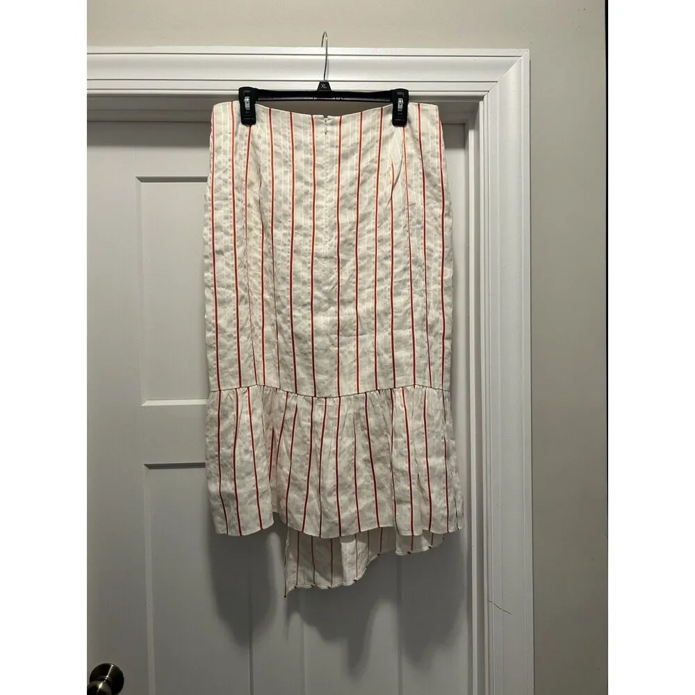 LEWIT Size 14 FAUX WRAP RED POPPY KIEV STRIPE LINEN BLEND ASYMMETRICAL SKIRT White - Image 7