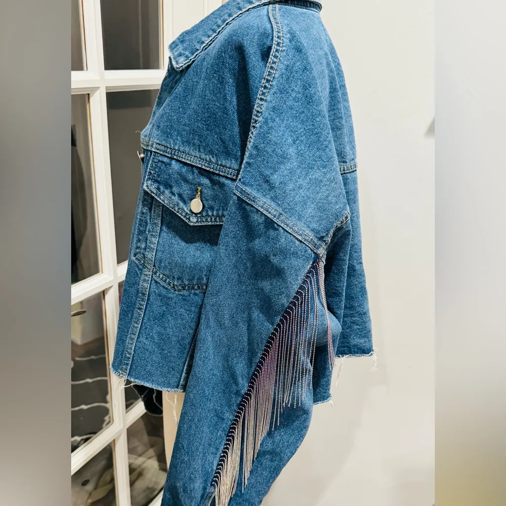 Altar’d State Chain Fringe Cropped Denim Jacket - Image 5