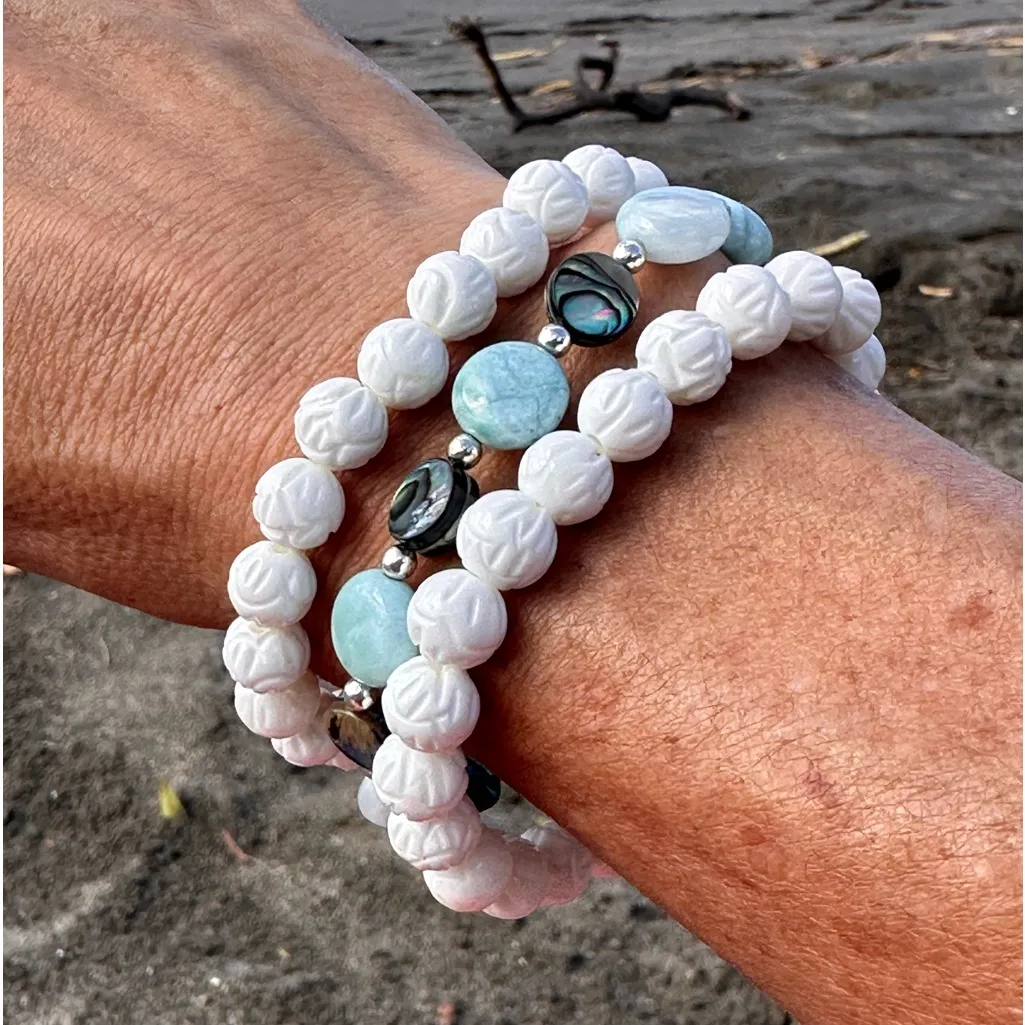 Larimar & Abalone Coin Bracelet Sterling Silver 8mm Beaded Handmade in Maui - Image 4