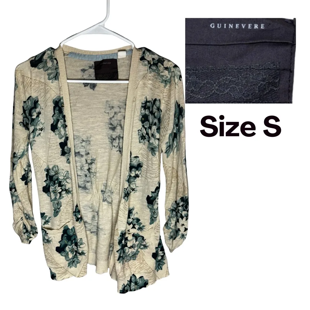 Anthropologie Guinevere Women's Cardigan Tan With Blue Floral 100% Cotton S EUC - Image 2