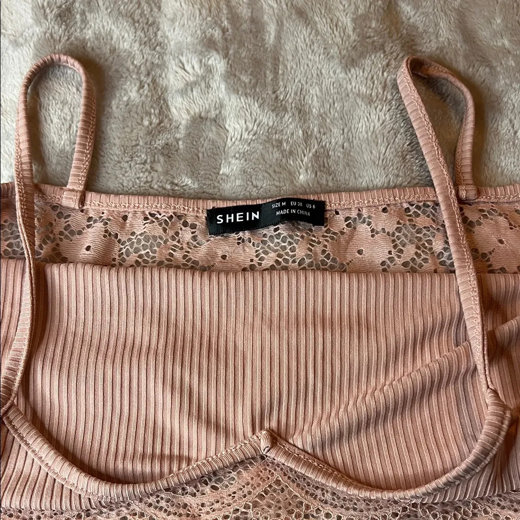 SHEIN Ribbed Cami with Lace Trim in Soft Pink - Image 2