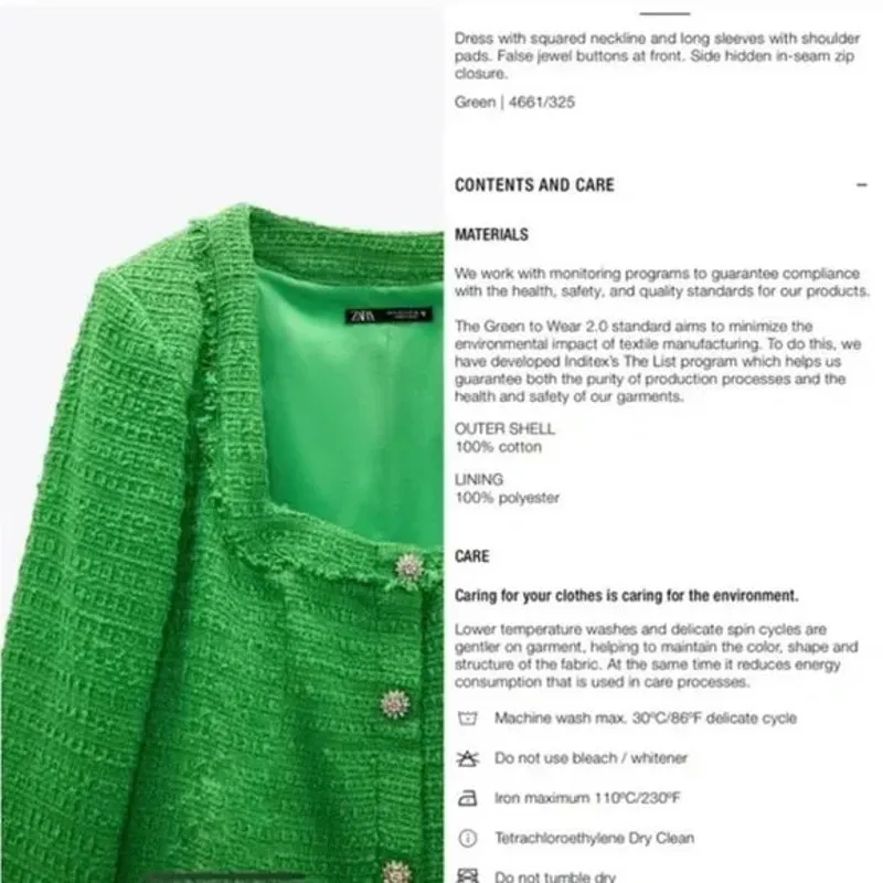 ZARA Green Textured Weave Boucle Tweed Dress with Crystal Buttons 4661/325 - Image 6