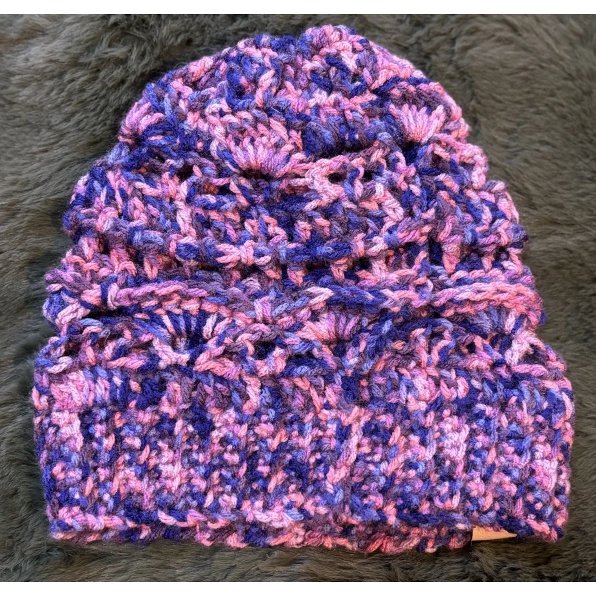 Handmade Crocheted Knit Beanie Adult Size Pink/Purple Logo Bella Creations - Image 6