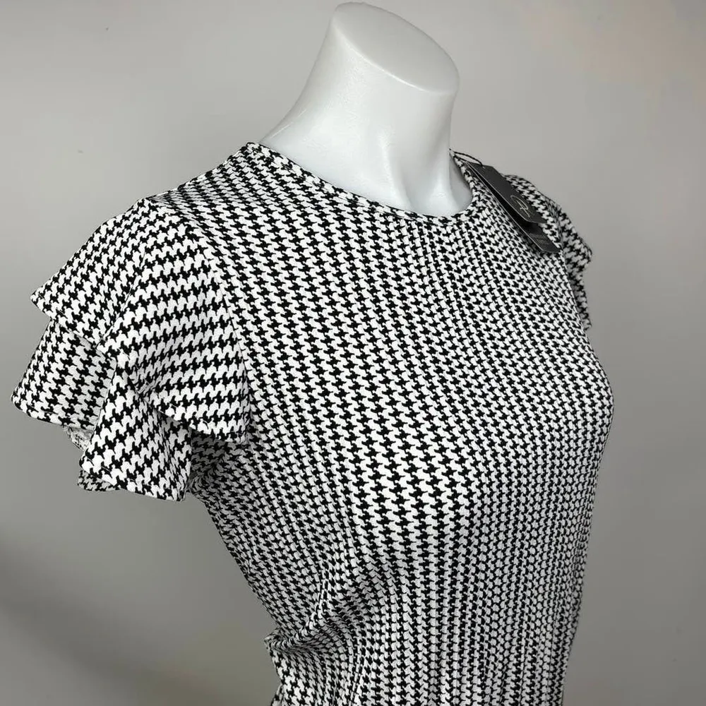 Adrianna Papell NWT Black Houndstooth Flutter Sleeve Crewneck Blouse Top Size XS - Image 4
