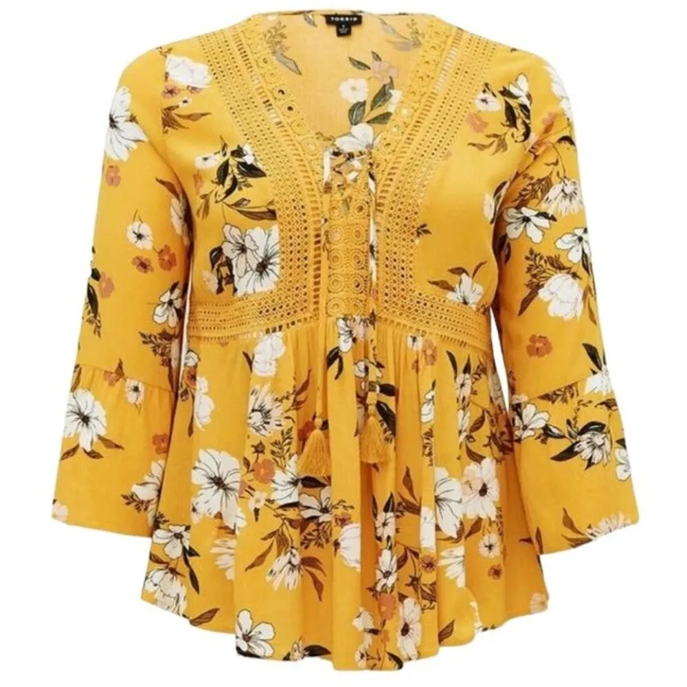 TORRID Yellow Gauze Crochet Trim Lace Up Floral Babydoll Smocked Top ~ Women's L - Image 5