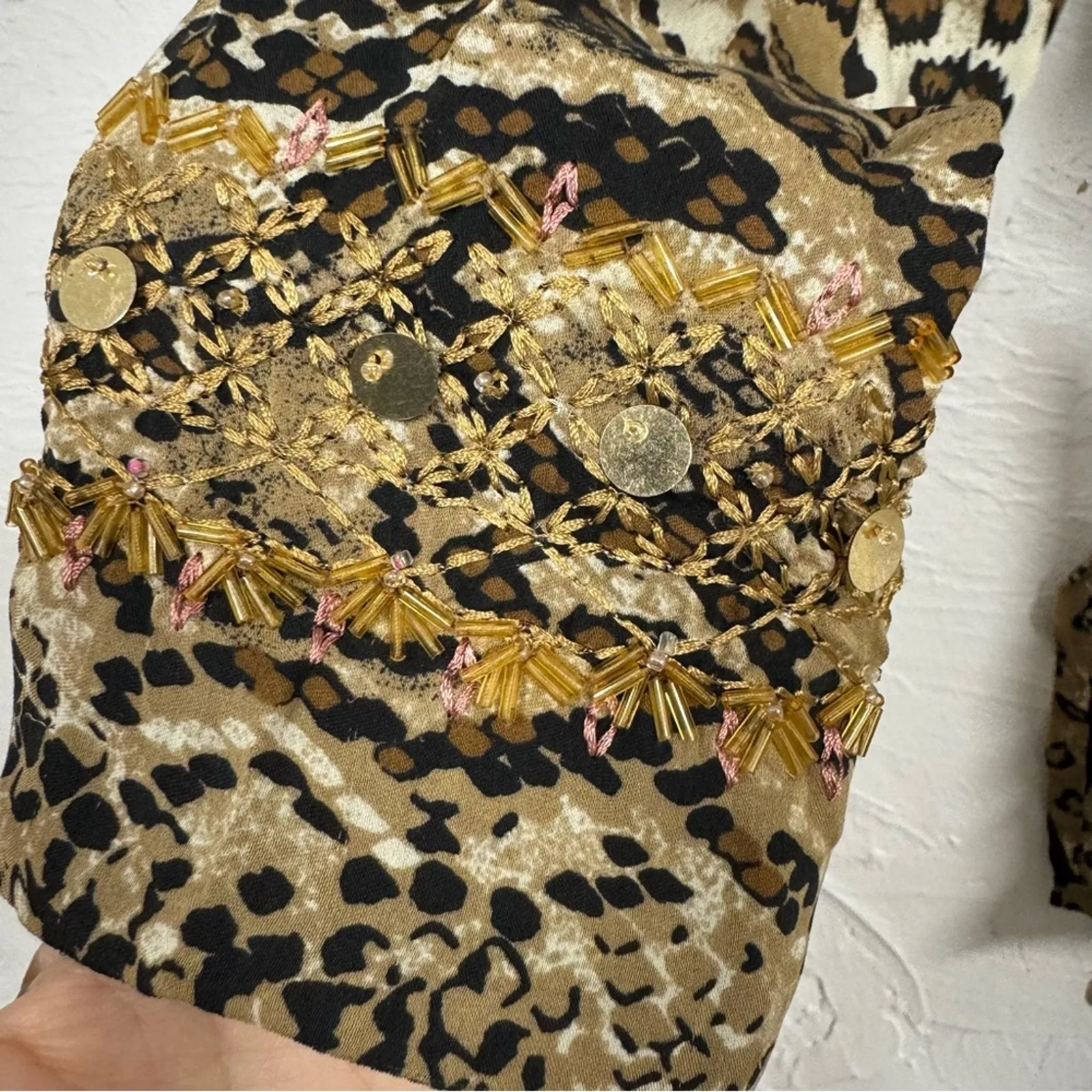 Victor Costa Silk Animal Print Silk Beaded Blouse Womens XS Tunic Vintage Brown - Image 2