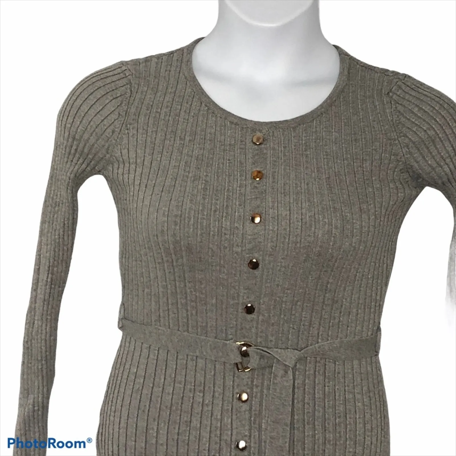 Hera Collection Grey Ribbed Bodycon Sweater Dress Faux Button Slit Size L - Image 4